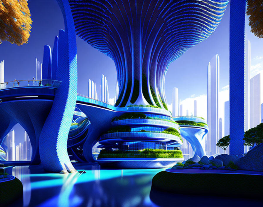 Futuristic cityscape with blue high-rise, skyscrapers, greenery, and elevated walk