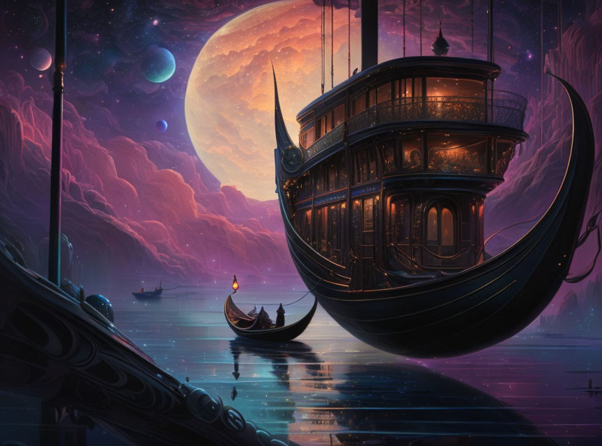 Gondola approaching ornate ship in celestial sky