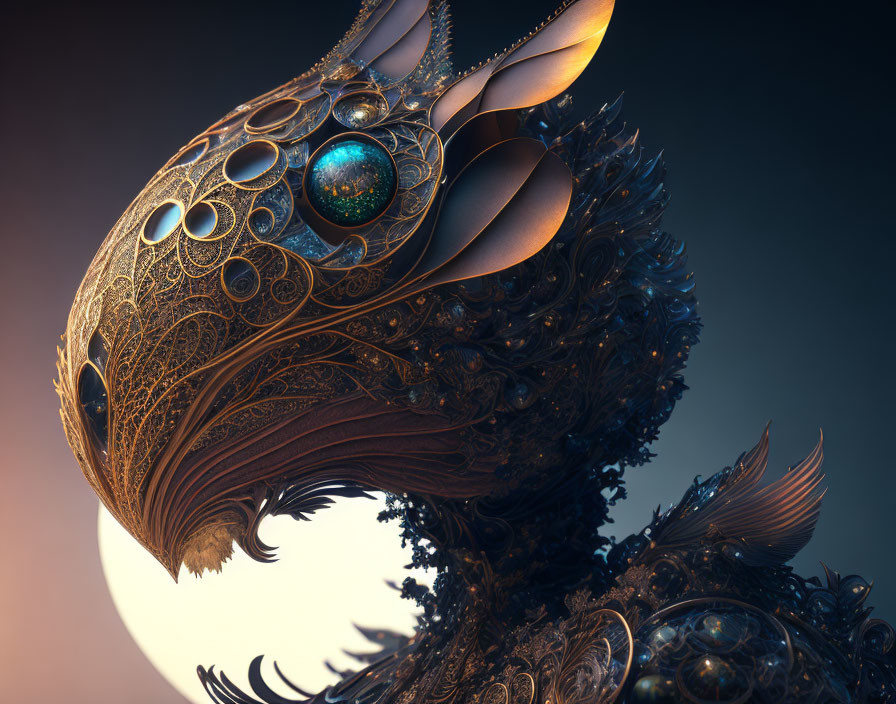 Metallic dragon head with ornate patterns and mystical orb on soft-lit backdrop