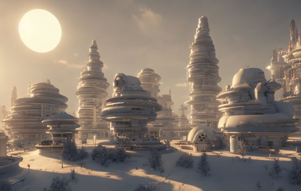 Snow-covered futuristic cityscape with tiered buildings under a low sun