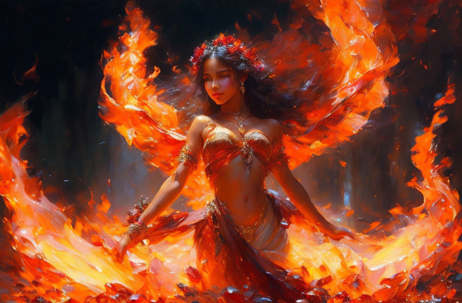 Woman in ornate headdress surrounded by fiery aura, resembling a phoenix.