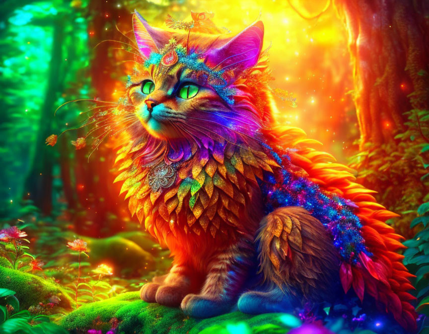 Colorful feathered cat in glowing enchanted forest