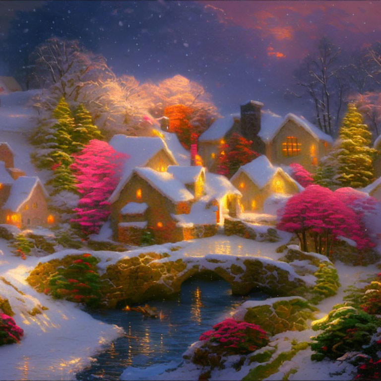 Snow-covered village with illuminated houses, stone bridge, and snowy trees at dusk