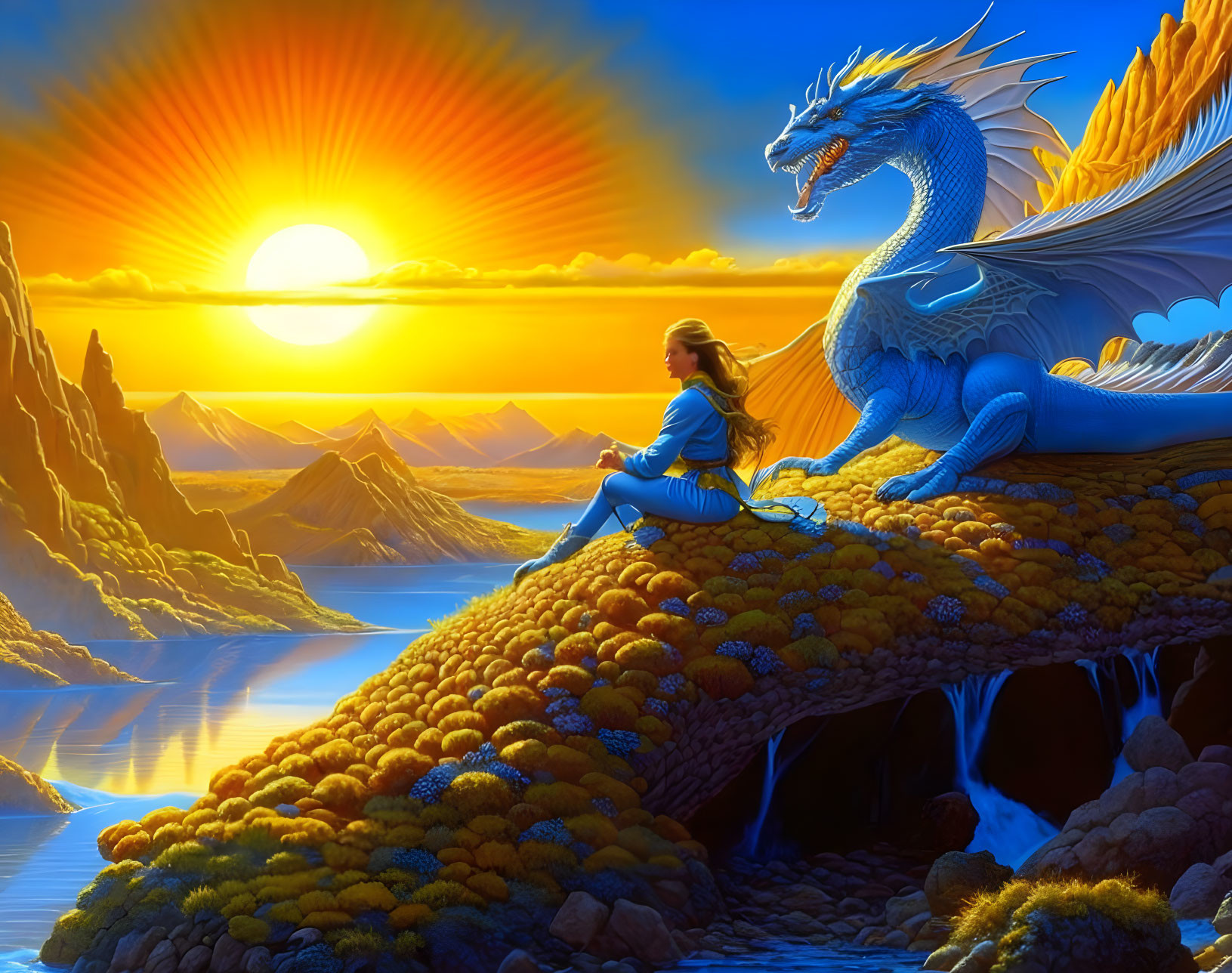 Woman sitting on majestic blue dragon in sunlit mountain landscape