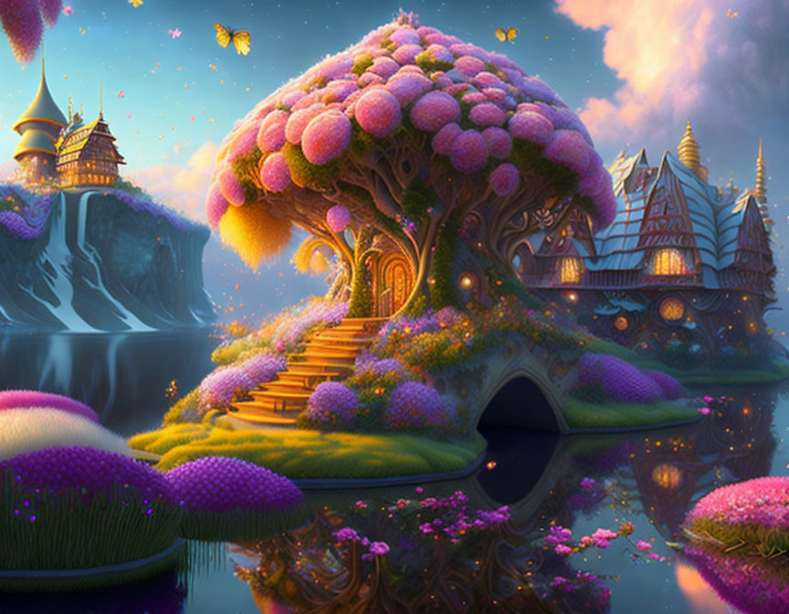 Vibrant treehouse in magical landscape with glowing butterflies