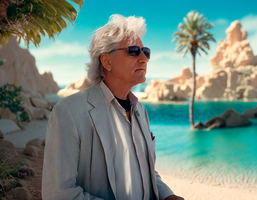 Elderly man in light suit by tropical beach with palm trees and blue waters