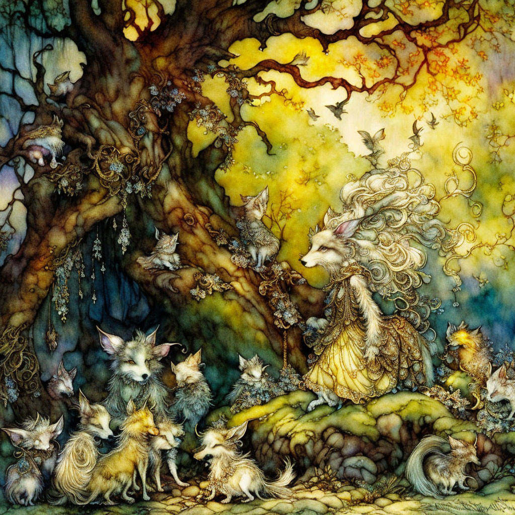 Forest scene illustration with tree, creatures, central figure, and foxes in warm light