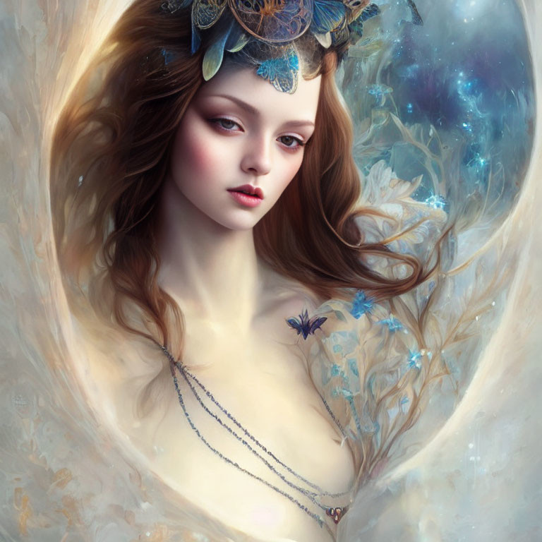 Fantastical portrait of woman with flowing hair and leaf crown against cosmic backdrop