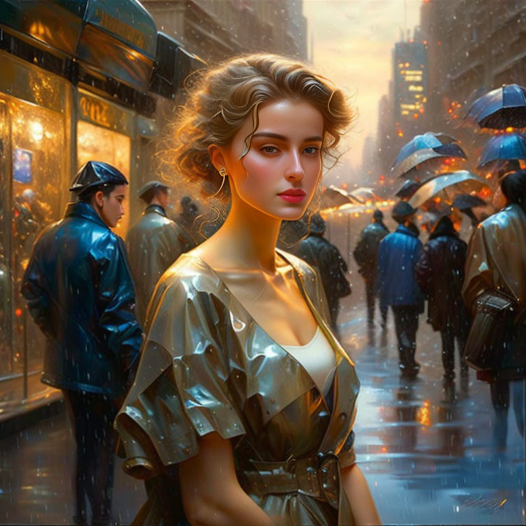 Curly-Haired Woman in Rainy City Street with Umbrellas