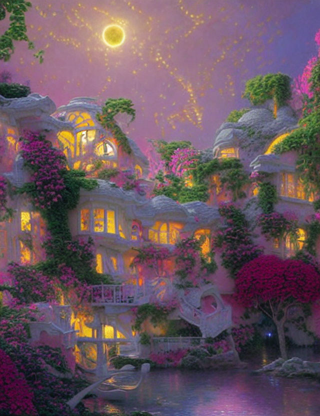 Glowing, overgrown pink flora in fantastical night scene