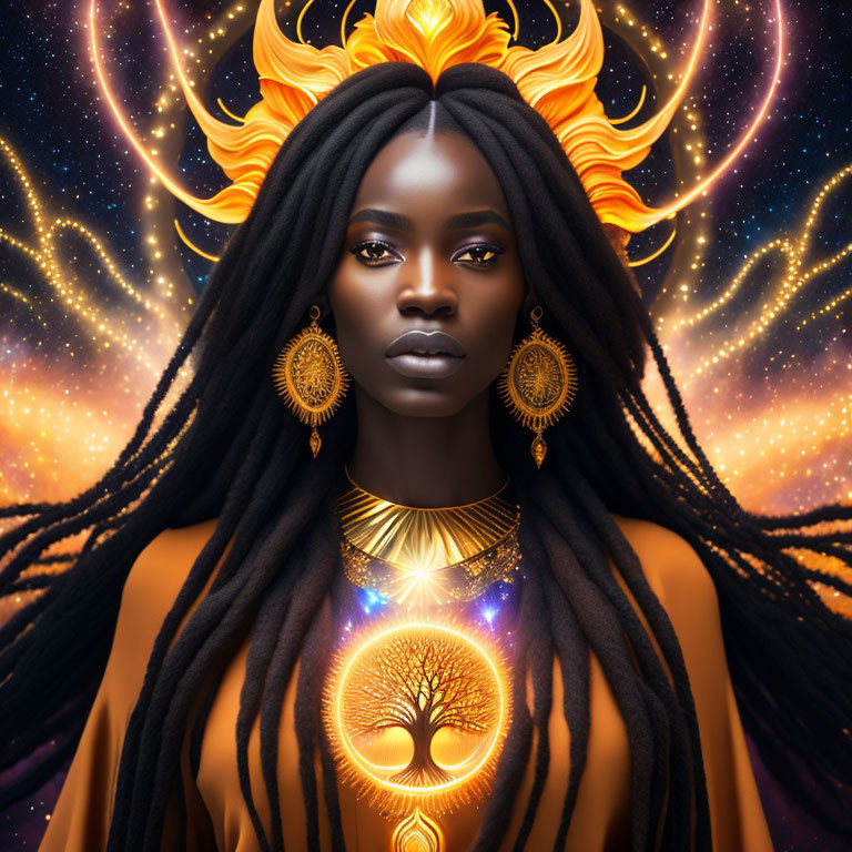 Digital artwork featuring woman with gold jewelry, braided hair, cosmic elements