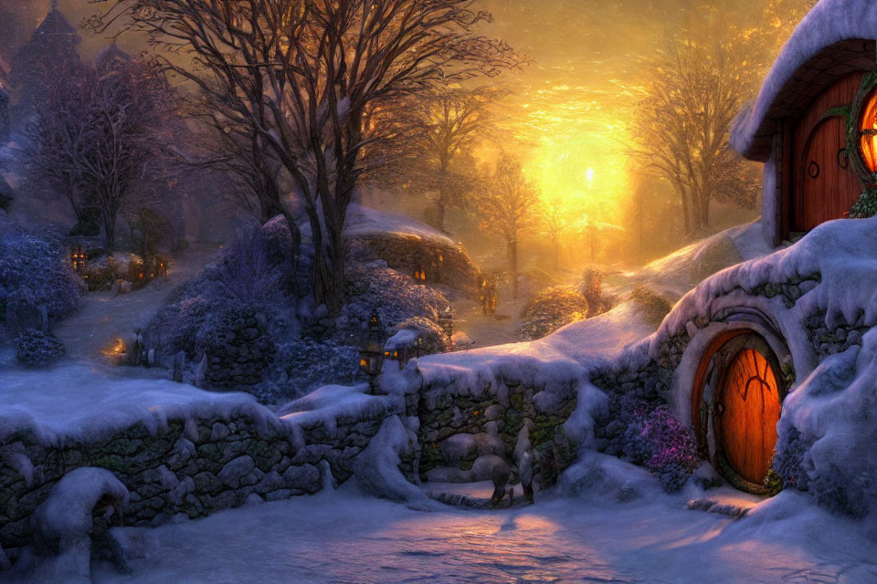 Winter sunset glow over snow-covered hobbit-like houses and trees.