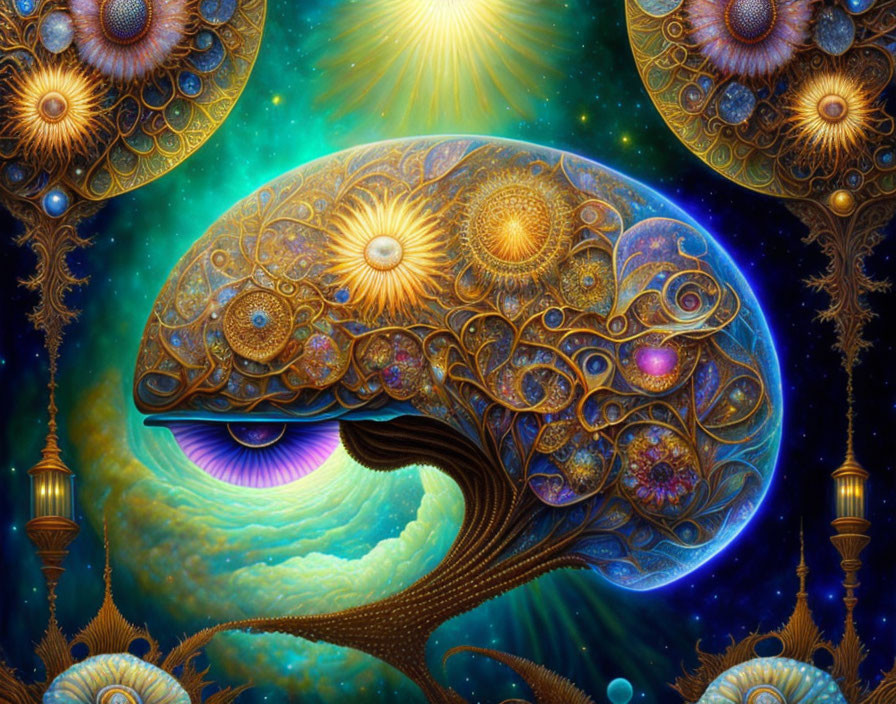 Cosmic-themed digital artwork: Tree with eyes, patterns, celestial bodies