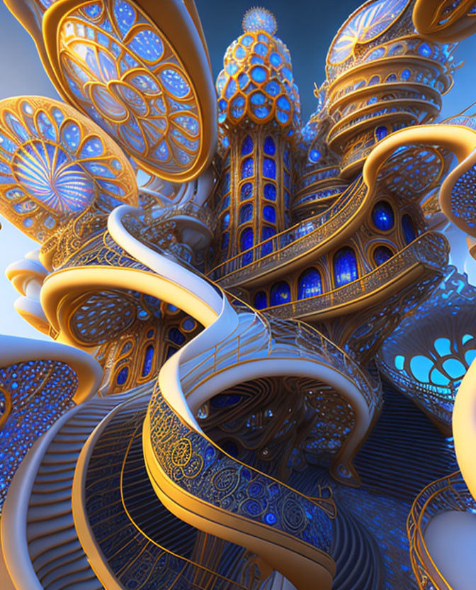 Surreal digital artwork: intricate gold and blue architecture