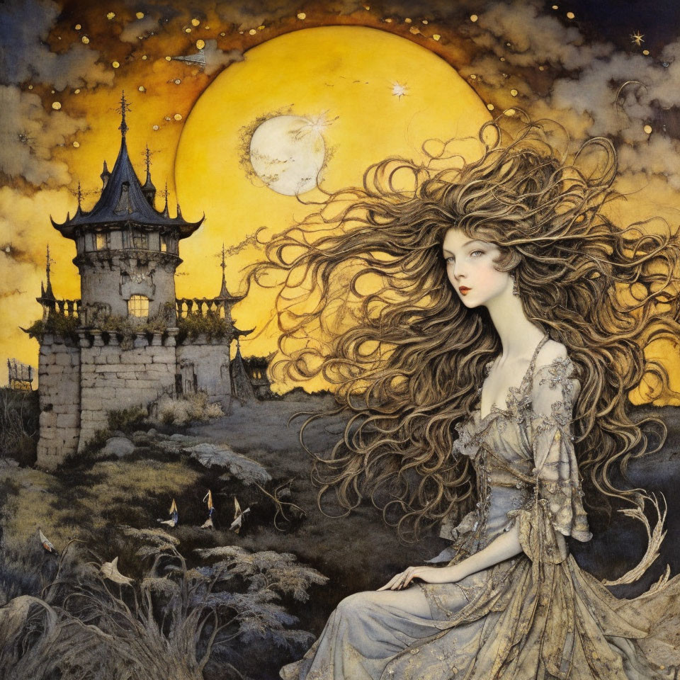 Whimsical artwork: woman with flowing hair, castle, full moon, stylized clouds