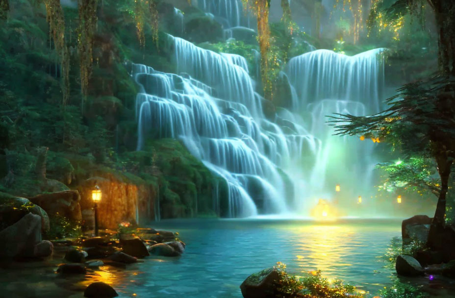 Lush forest waterfall with glowing lights and serene pond