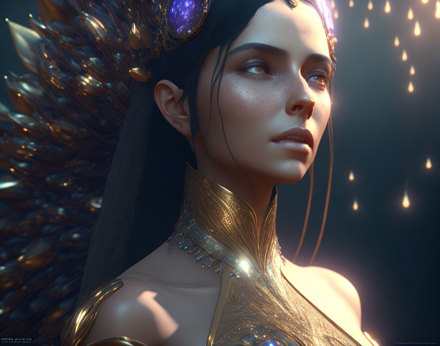 Digital Artwork: Woman in Golden Armor with Radiant Headdress