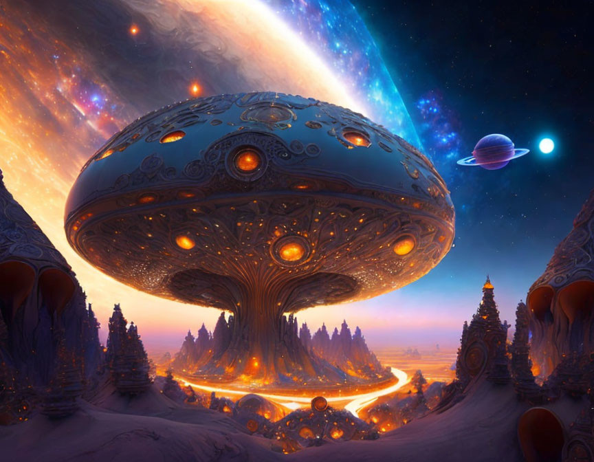 Intricate alien spaceship above glowing fantasy landscape