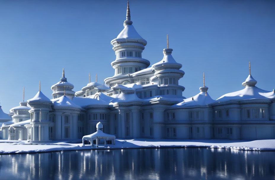 Snow-covered palace with spires reflecting in tranquil water