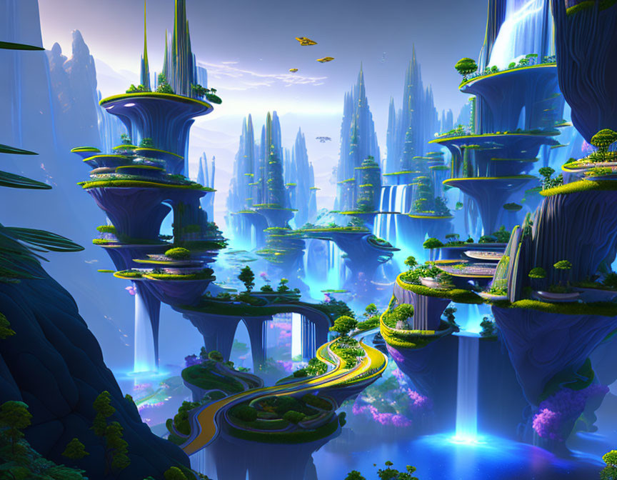 Futuristic landscape with towering spires, floating islands, waterfalls, and flying vehicles