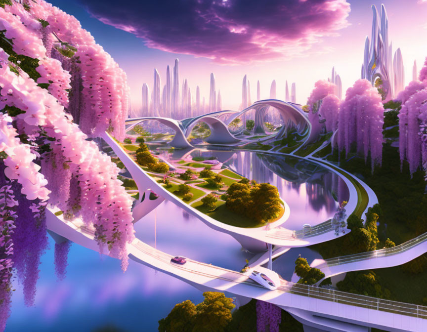 Futuristic cityscape with elevated curvy roads, lush greenery, pink flowering trees, purple