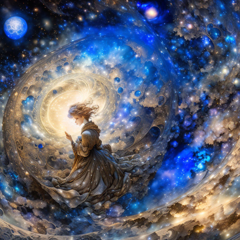 Ethereal woman in flowing gown amidst cosmic backdrop.