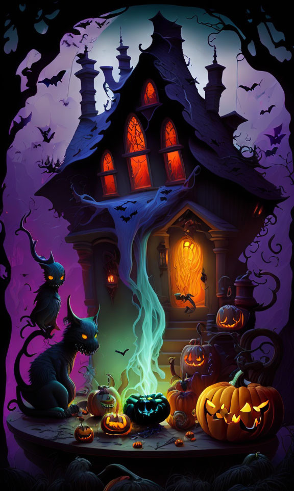 Spooky Halloween-themed illustration with haunted house, pumpkins, creatures, and ghostly figure