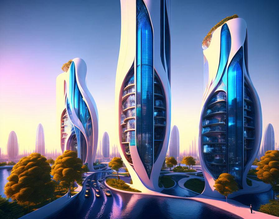 Sleek skyscrapers and greenery in futuristic cityscape