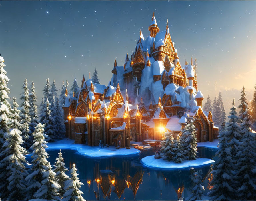 Snow-covered fantasy castle in wintry forest landscape with illuminated windows, pine trees, frozen lake, twilight