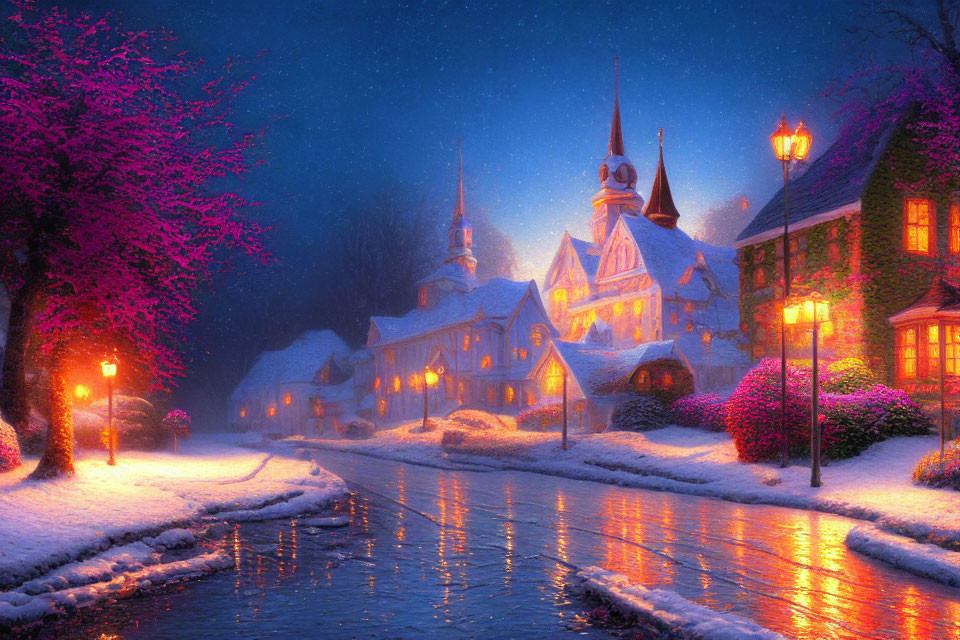 Snowy Village Night Scene with Colorful Trees and Warm Lights