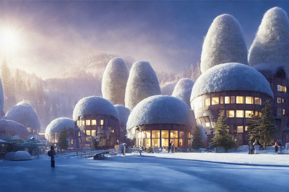 Futuristic snow-covered domed buildings in winter landscape with glowing lights.