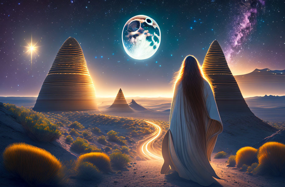 Person in cloak gazes at starlit sky over desert with futuristic structures