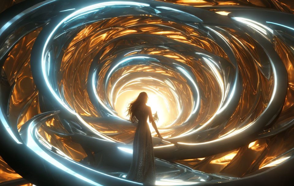 Person holding glowing staff in front of golden light vortex