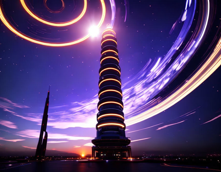 Futuristic tower with glowing rings next to sleek skyscraper at sunset