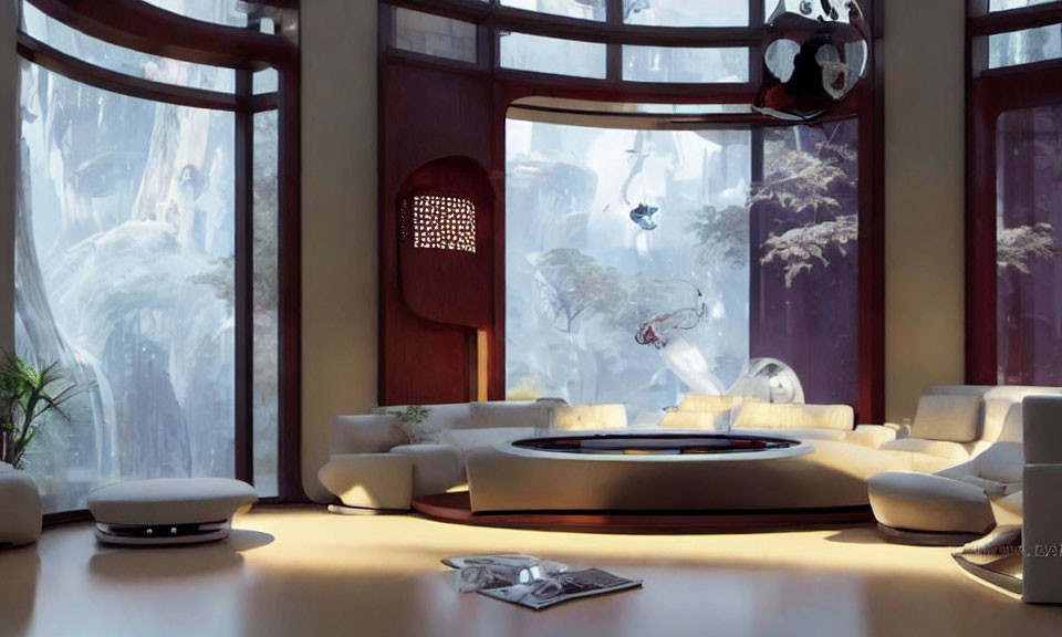 Futuristic living room with round table, white sofas, snowy landscape view