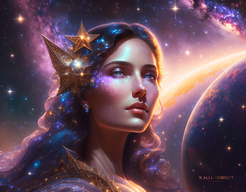 Digital Artwork: Woman with Cosmic Features and Starry Crown