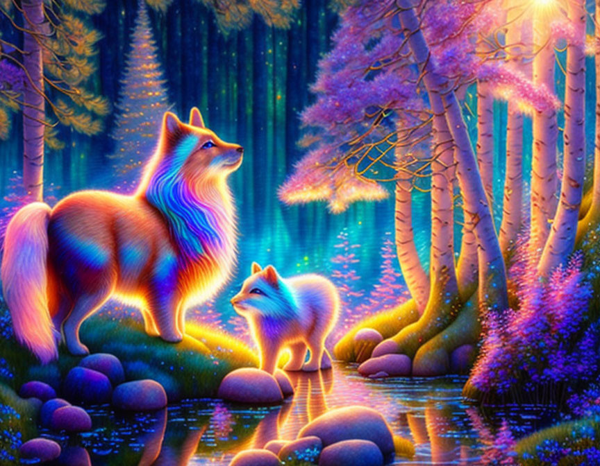 Multicolored adult fox and cub in enchanted forest by serene river