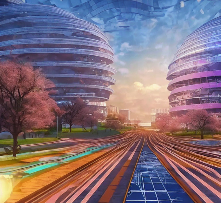 Futuristic cityscape with cylindrical buildings, cherry blossom trees, and lighted roads