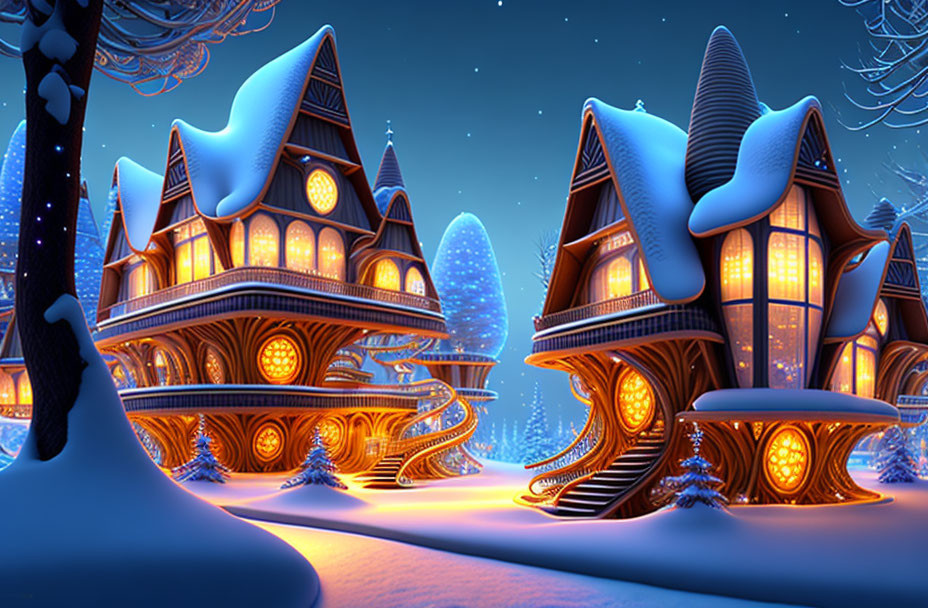 Snowy Village Night Scene: Whimsical Houses & Starry Sky