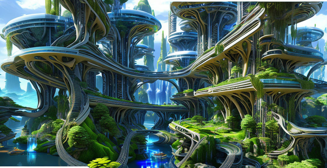 Futuristic cityscape with organic-shaped buildings, greenery, and waterways