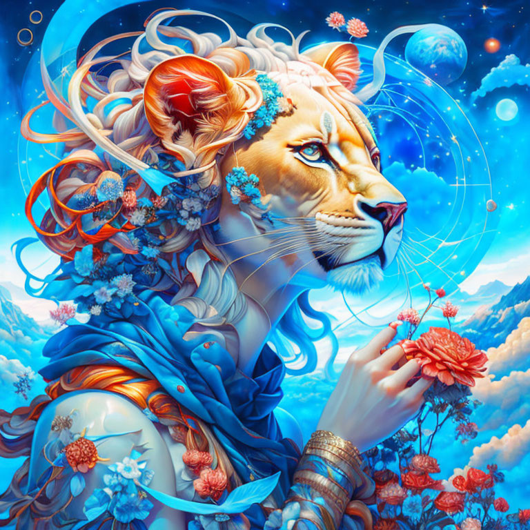 Fantasy illustration: Woman with lion's head, flowers, orbs, mountains