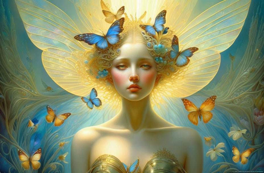 Golden butterfly-winged figure surrounded by butterflies in soft light