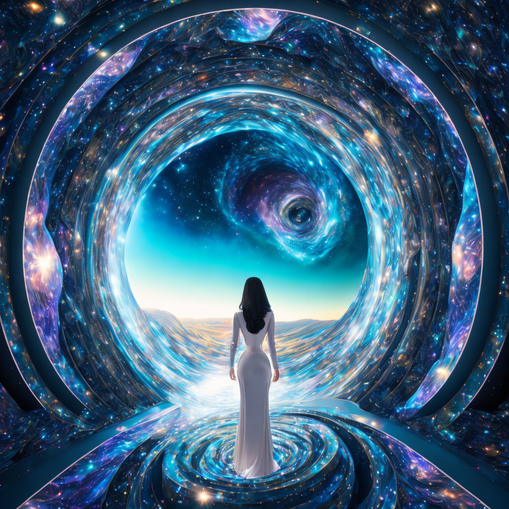 Woman in White Contemplates Cosmic Vortex