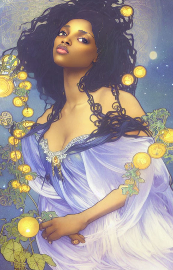 Illustrated woman in blue dress with flowing hair and golden coin-like ornaments, surrounded by vines and orbs