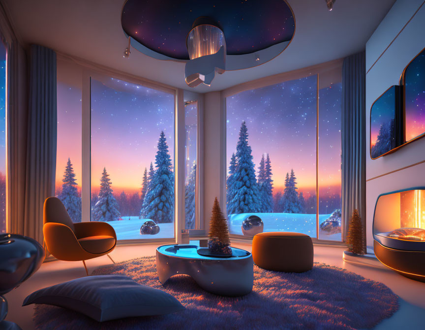 Modern Room with Large Windows and Fireplace Overlooking Snowy Landscape