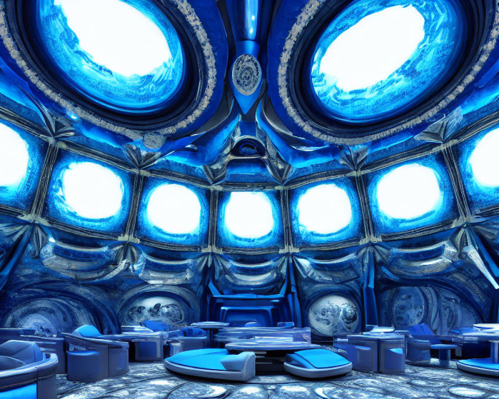 Futuristic blue room with high ceiling, round windows, modern furnishings, circular patterns, and neon