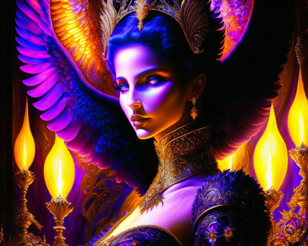 Blue-skinned woman in regal attire engulfed in golden flames and feathered headdress