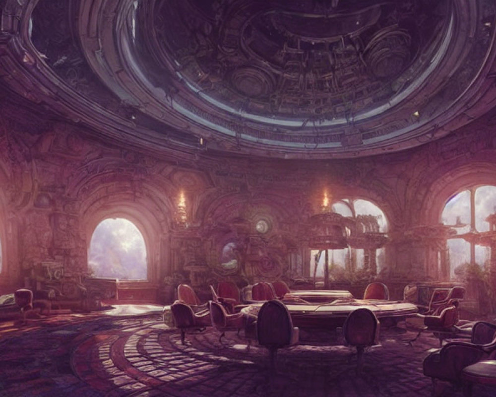 Opulent circular room with large windows and futuristic machinery