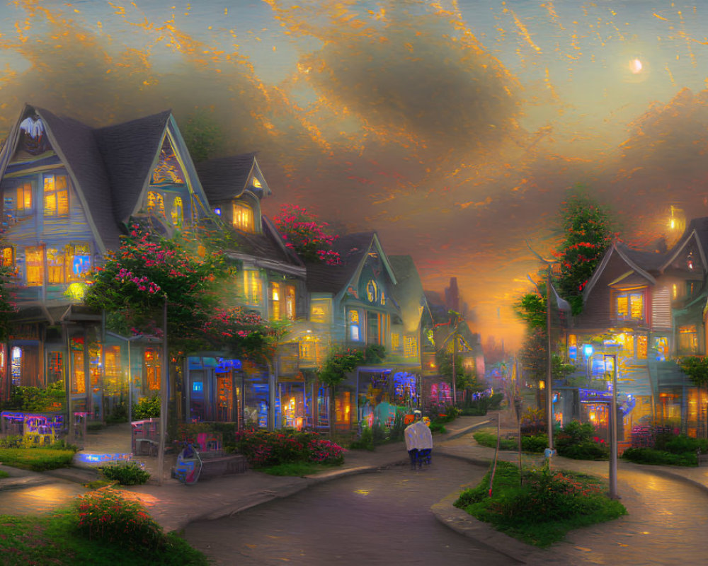 Victorian-style houses on quaint village street at dusk