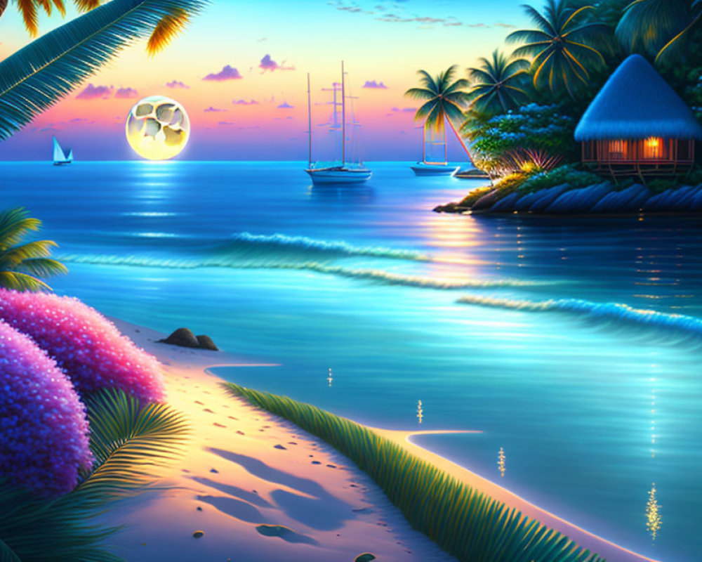 Twilight tropical beach scene with full moon, palm trees, hut, sailboats, and luminous